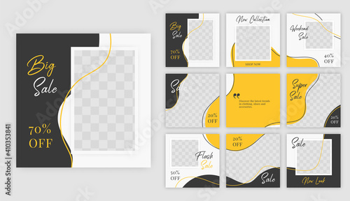 Set of Editable minimal square banner template. Black and yellow background color with shape. Suitable for social media post and web ads.