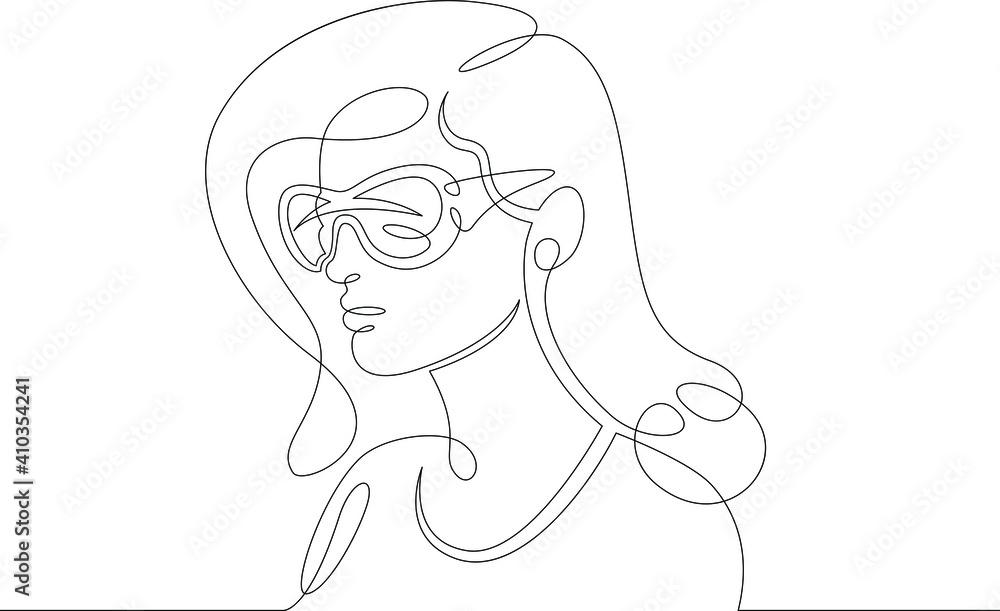 Female character wearing augmented reality glasses. Gaming industry and geolocation. Mobile technology.One continuous drawing line  logo single hand drawn art doodle isolated minimal illustration.