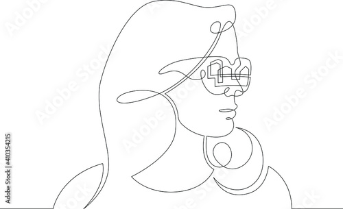Female character wearing augmented reality glasses. Gaming industry and geolocation. Mobile technology.One continuous drawing line  logo single hand drawn art doodle isolated minimal illustration.