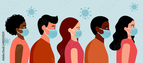 People wearing medical masks to prevent virus and bacteria. Coronavirus Covid-19 outbreak concept vector. People wear masks to avoid flu disease.