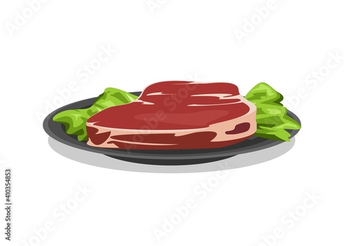 Fresh raw meat slice on a plate. Simple flat illustration