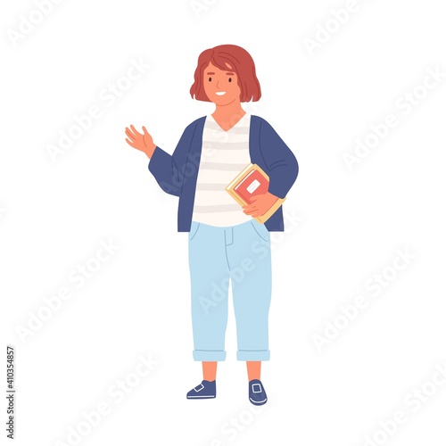 Smiling girl greeting someone by waving hand. Happy schoolgirl holding books and notebooks. Redhead kid gesturing and saying hi or bye. Colored flat vector illustration isolated on white background