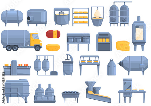 Cheese production icons set. Cartoon set of cheese production vector icons for web design