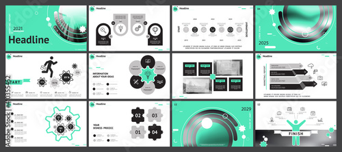 Business presentation template, turquoise and black infographic elements on white background. Offices, buildings, city. Vector slide, presentation of business projects and marketing, monitor, computer photo