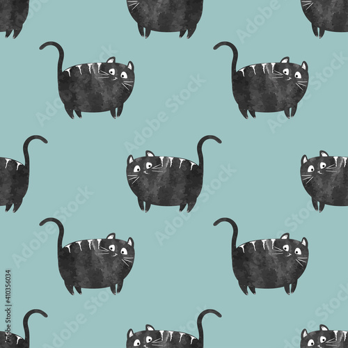 Seamless funny black cat pattern. Vector watercolor illustration