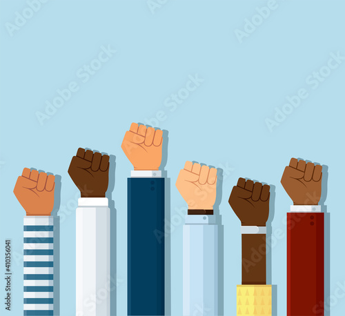 Group of fists raised in air. Group of protestors fists raised up in the air vector illustration