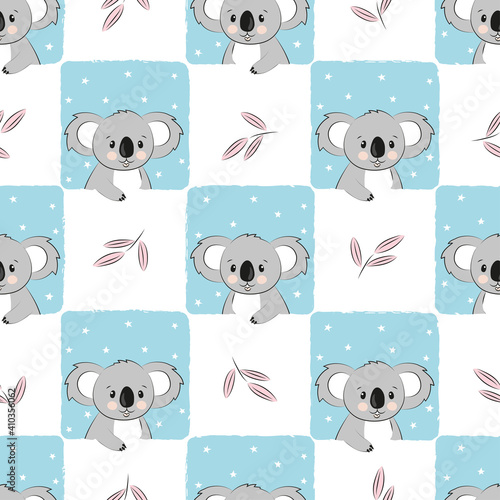 Seamless checked pattern with cute cartoon koala bear. Baby print.