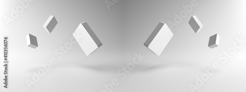 3D rendering of Minimal abstract scene with Square objects floating on many white backgrounds. Independent floating Square object, Isolated on white background. Display product, illustration.