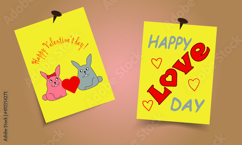  A set of two stickers with greetings for Valentine's Day. Two cartoon rabbits with an image of a heart placed between them. The inscription " Happy Love Day" 