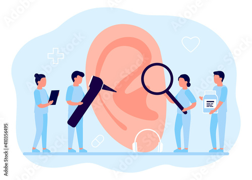 Doctors check health of ear, hearing organ. Medical examination, test and treatment of ear, otolaryngology. Ent checks loss hearing. Vector flat illustration