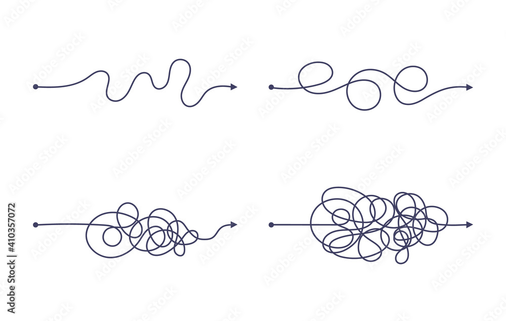Complex and easy simple way from start to end vector illustration set. Chaos simplifying, problem solving and business solution searching challenge concept. Hand drawn doodle scribble chaos path lines - obrazy, fototapety, plakaty 