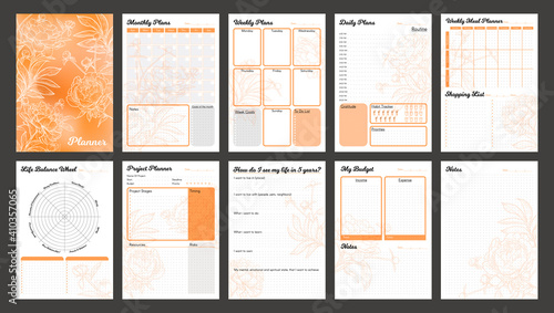 Vector planner pages templates. Daily, weekly, monthly, project, budjet and meal planners. Peach orange shade floral design.