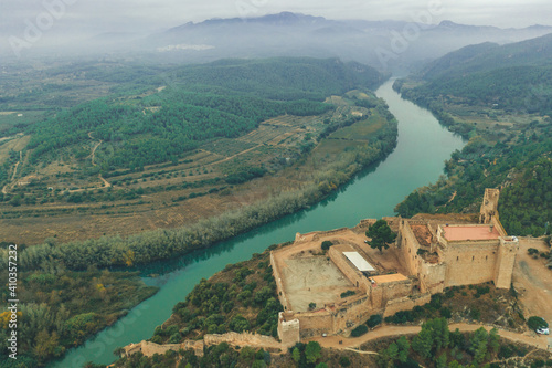 Aerial view of landscape with river Ebro in Terragona countryside near the city of Miravet, Spain. photo