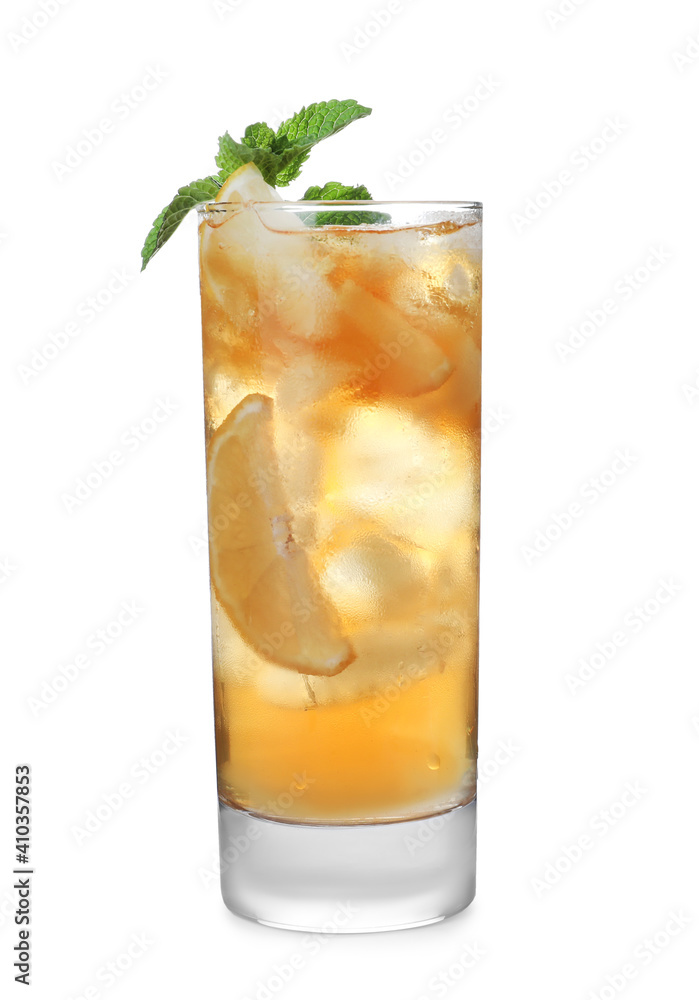 Delicious iced tea in glass on white background Delicious iced tea in glass on white background