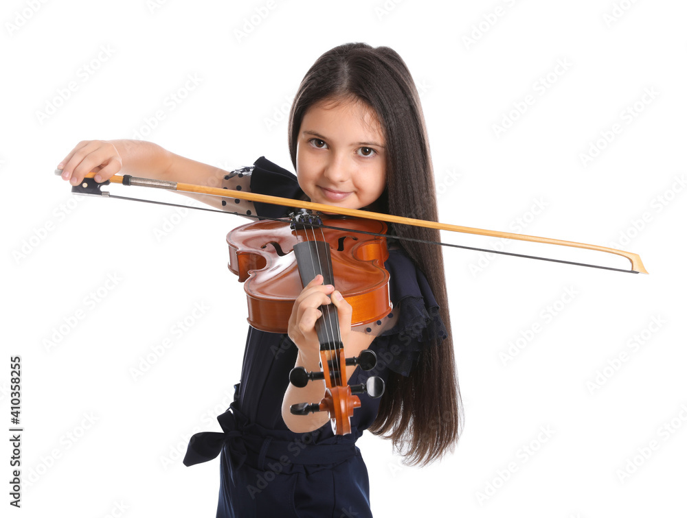 Preteen girl playing violin on white background Preteen girl playing violin on white background