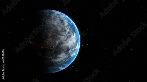 Sunrise and shadow on the earth rotate in space with star in universe. Realistic atmosphere 3D volumetric clouds texture surface.