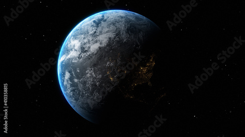 Sunrise and shadow on the earth rotate in space with star in universe. Realistic atmosphere 3D volumetric clouds texture surface.