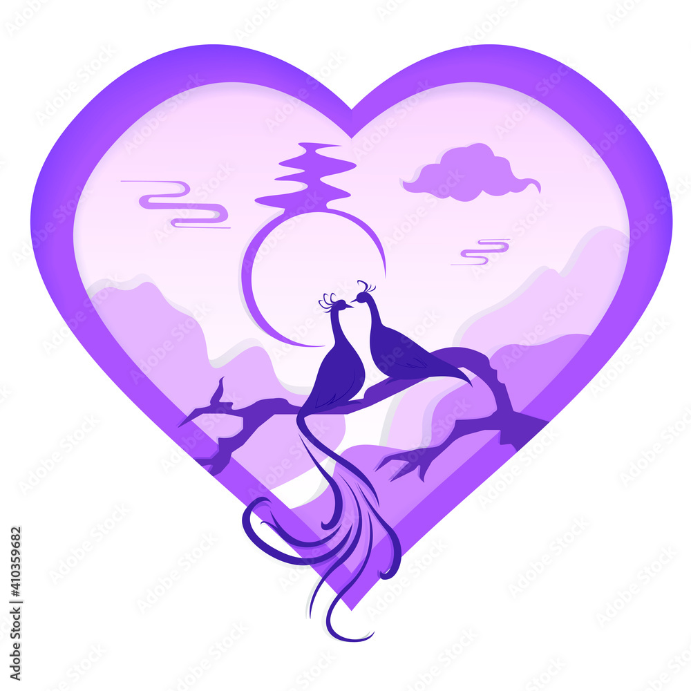 Bright card with birds in love for Valentine's Day. Cute valentine card with a pair of fire birds in purple color isolated on white background. Vector illustration Bright card with birds in love for Valentine's Day. Cute valentine card with a pair of fire birds in purple color isolated on white background. Vector illustration