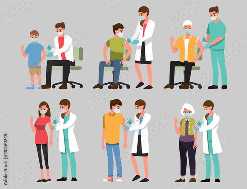 Time to vaccinate concept. Vaccination of people from coronavirus COVID-19., flu or influenza shot or taking blood test with a needle,Vector illustration cartoon character.