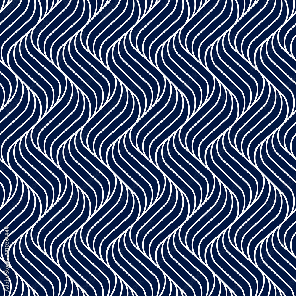 Seamless pattern geometric line. Blue background wavy stripe. Modern waves texture. Repeated swirl. Intricate pipple curly twist. Repeating monochrome lines. Abstract patterns. Design prints. Vector