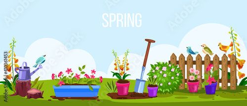 Spring garden vector cartoon nature backyard illustration, view with fence, flowerpots, birds, green meadow. Cartoon summer gardening floral landscape scene. Spring garden environment eco concept