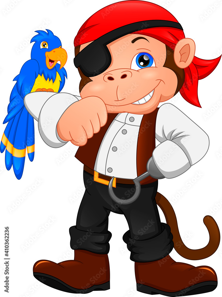 Naklejka premium cartoon pirate monkey with a bird