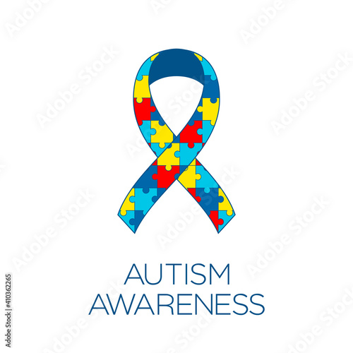 Autism awareness ribbon. Colorful puzzle pieces bow. Jigsaw puzzle pattern ribbon. World autism awareness day. Autistic spectrum disorders. Asperger syndrome. Vector illustration, flat, clip art. 