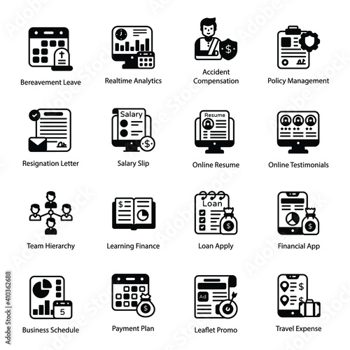 
Pack of Documents and Finance Glyph Icons 
