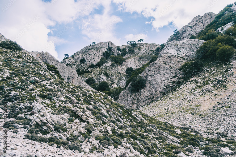 Obraz premium cloudy day in the mountains of the natural park of the ports, in tarragona (spain).