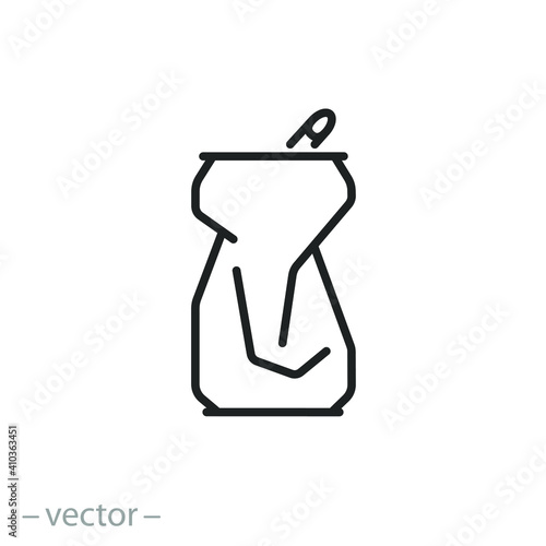 empty can soda or beer icon, opened and crushed tin, metal crumple trash, used smashed drink, recycle aluminium garbage, thin line symbol on white background - editable stroke vector illustration