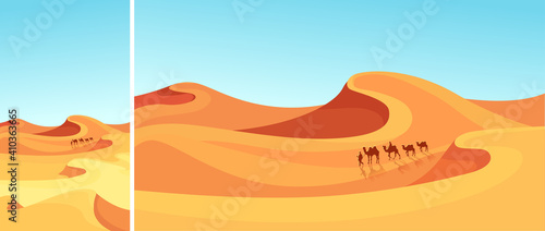 Caravan going through desert. Set of landscapes in vertical and horizontal orientation.
