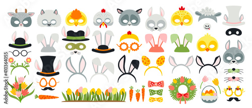 Cute Easter photo booth props as set of party graphic elements of easter bunny costume as mask, ears, eggs, carrot etc. Vector illustration. Vector illustration