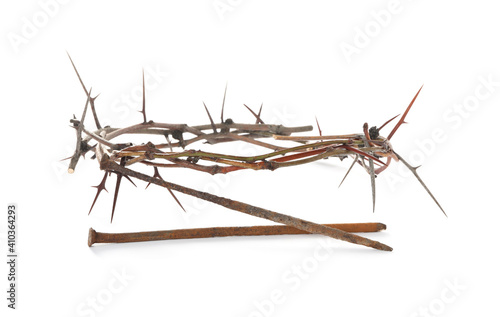 Crown of thorns and nails on white background. Easter attributes