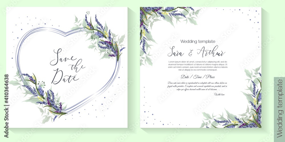 Floral vector template for wedding invitation. Lavender, frame in the form of a rose, green leaves.