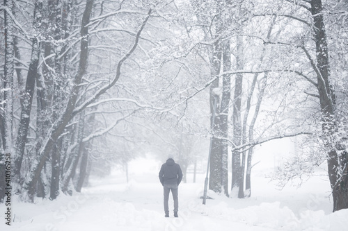 Young man slowly walking on snow covered sidewalk through alley of trees in white snowy winter day at park after blizzard. Foggy air. Spending time alone in nature. Peaceful atmosphere. Back view. © fotoduets
