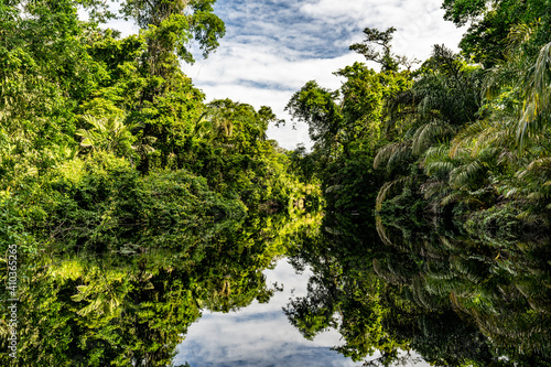 Canal in the national park of Tortuguero with its tropical rainforest along the Caribbean Coast of Costa Rica, Central America.
