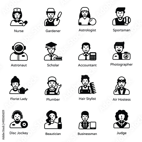 
Set of Occupations and Professions Solid Icons
