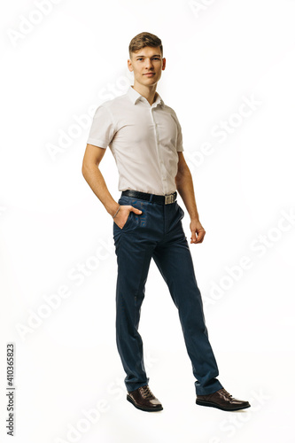 confident man in full height in office clothes