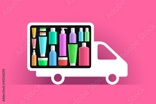 White truck icon and various cosmetic tubes, bottles and jars