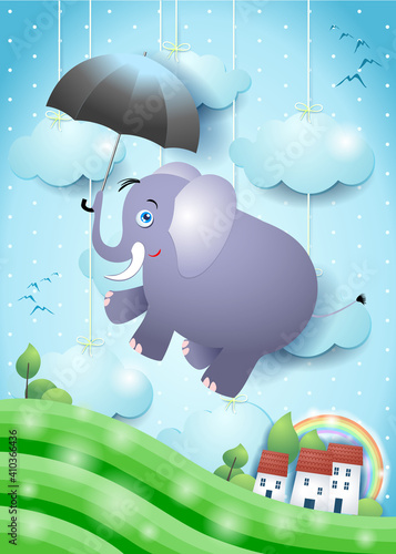 Cute flying elephant with umbrella on paper landscape. Vector illustration eps10