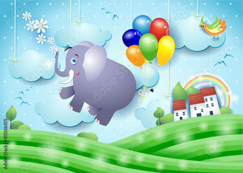 Cute flying elephant and balloons on paper landscape, vector illustration eps10 .