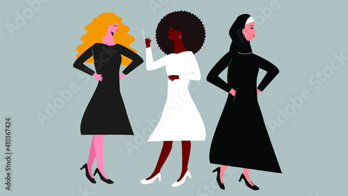 Colorful Flat strong females in different nationalities and various cultures together. Girls union and solidarity. Women friendship and sisterhood. Women's empowerment concept. Vector illustration. 