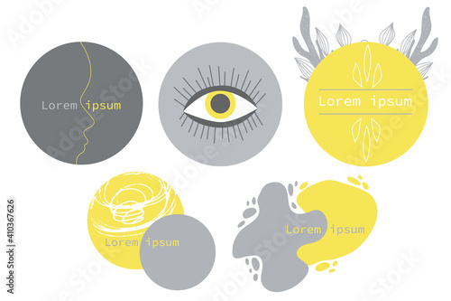 Set of different logo designs in trendy colors yellow, gray. Abstract forms. Hand-drawn plant elements. Vector illustrations in a minimalist style isolated on a white background.