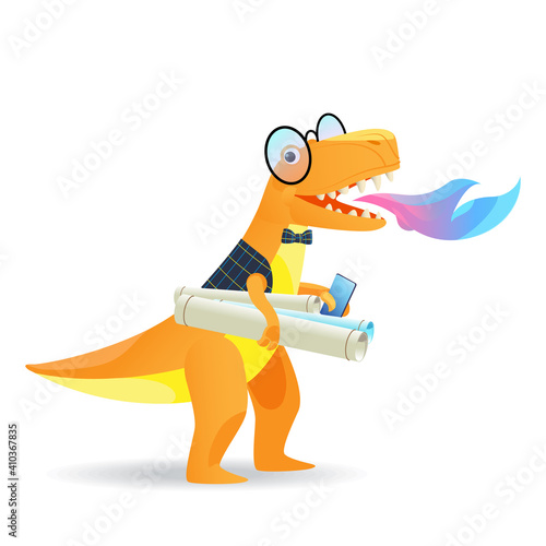Cheerful dinosaur engineer in glasses with blueprints hurries to work