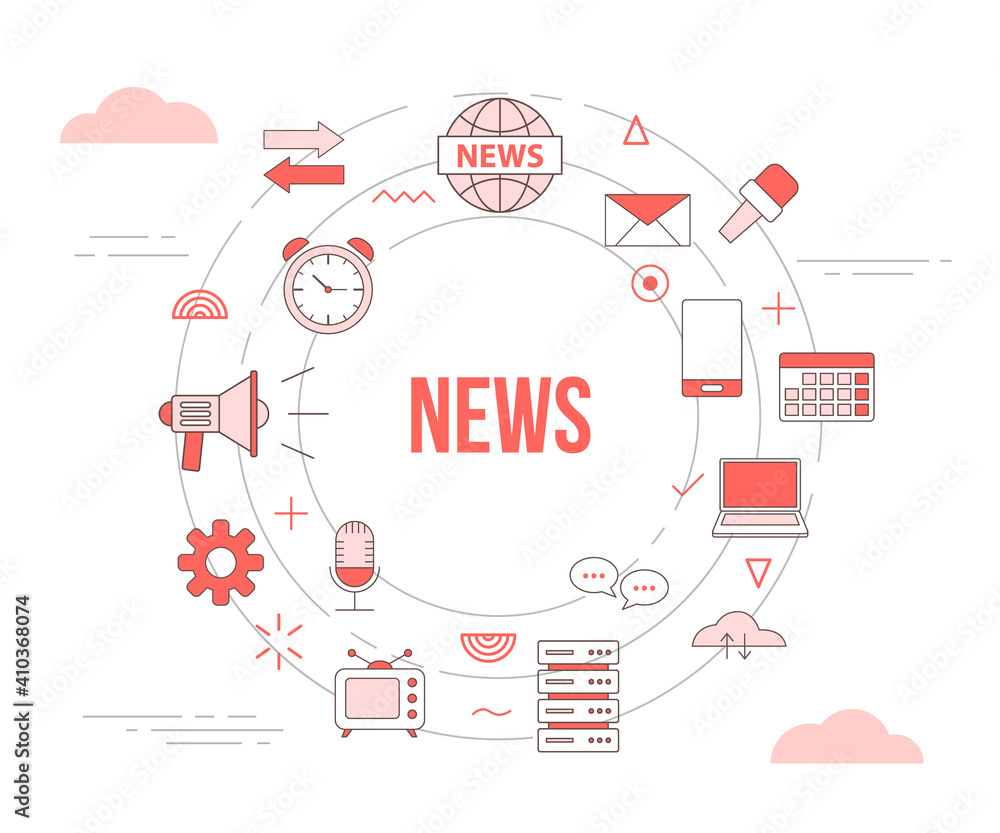 news media concept with icon set template banner with modern orange color style and circle round shape news media concept with icon set template banner with modern orange color style and circle round shape