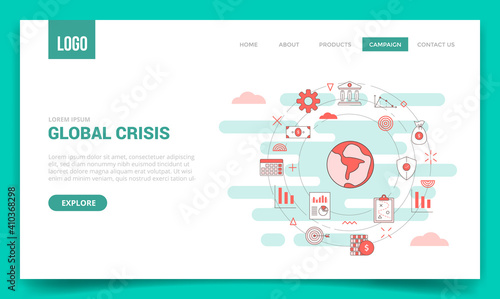 global crisis concept with circle icon for website template or landing page banner homepage outline style