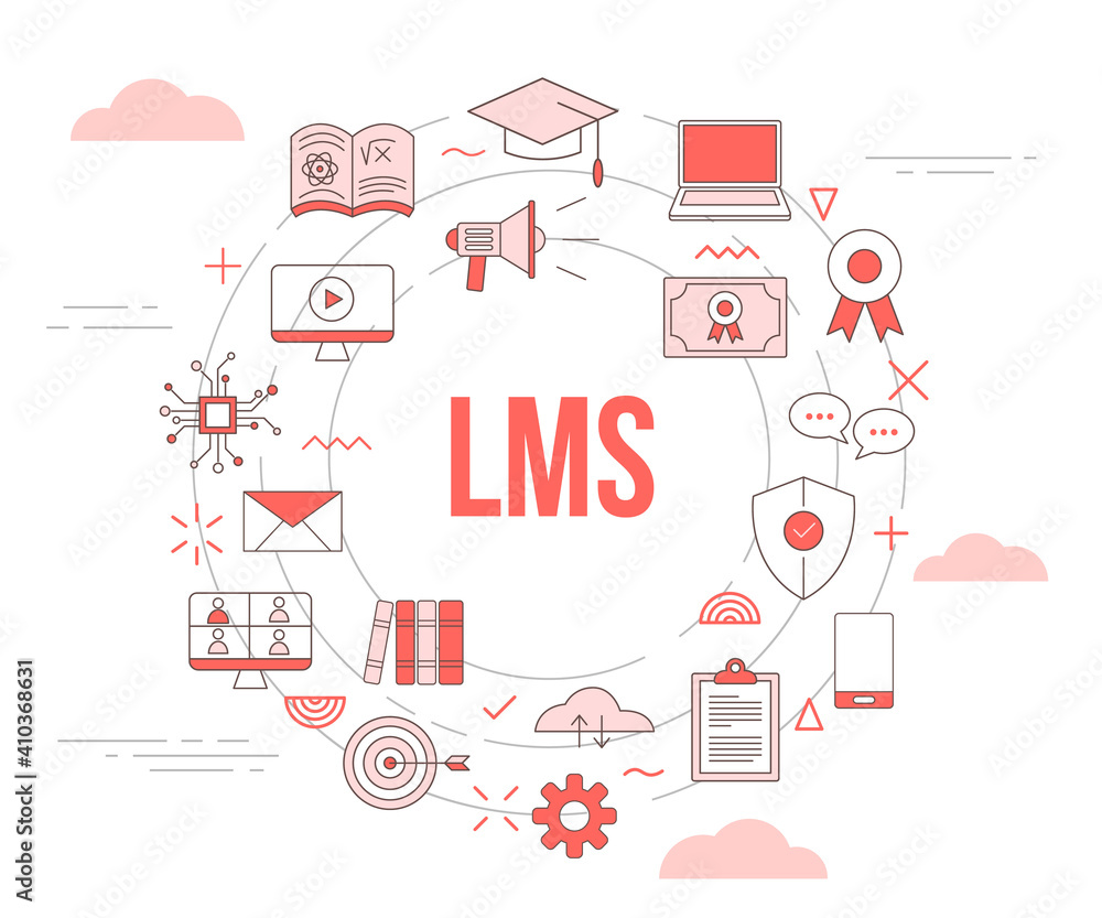 lms learning management system concept with icon set template banner with modern orange color style and circle round shape