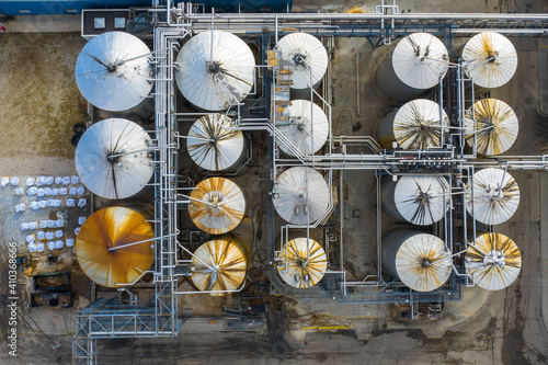 Aerial view of a petrol chemical processing plant and storage facilities in Chicago, IL in early morning light.
