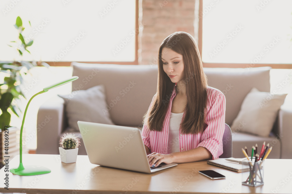 Photo of focused serious brown haired woman browsing laptop sit desk remote job inside home indoors office Photo of focused serious brown haired woman browsing laptop sit desk remote job inside home indoors office