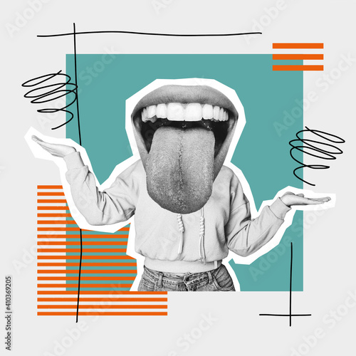 Overjoy of life. Female body with big mouth and tongue sticking out. Modern design, contemporary art collage. Inspiration, idea, trendy urban magazine style. Negative space to insert your text or ad.